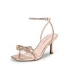 Women's Double Bowknots Heels Open Square Toe Ankle Strap Crystal Rhinestone Dress Sandals for Party Wedding