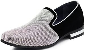 TRS Men Rhinestone Round Toe Suede Chrome Heels Dress Loafer Slip On Fashion Shoes