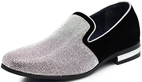 TRS Men Rhinestone Round Toe Suede Chrome Heels Dress Loafer Slip On Fashion Shoes