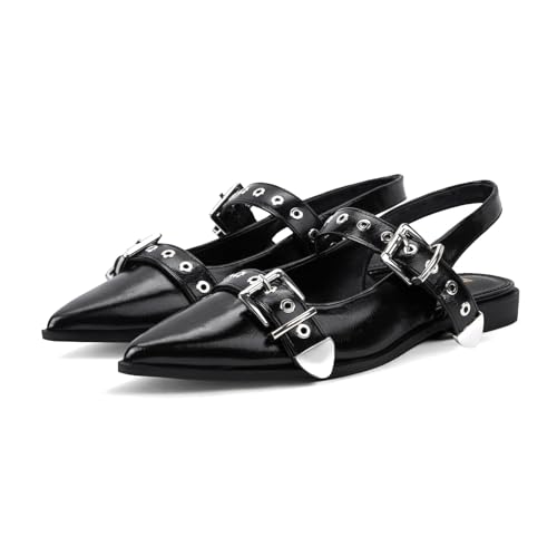 Women's Buckle Ballet Flats Pointed Closed Toe Slingback Shoes with Low Heel Comfortable Dress Flats