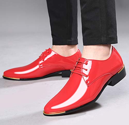 Dress Shoes Men Classic Pointed-Toe Patent Leather Lace-up Formal Oxford Shoes Black Brown Red Grey