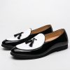 Men's Leather Loafers with Tassels, Two-Toned, Low Heel Slip On Shoes for Dance Party Wedding Prom