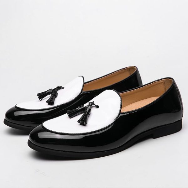 Men's Leather Loafers with Tassels, Two-Toned, Low Heel Slip On Shoes for Dance Party Wedding Prom