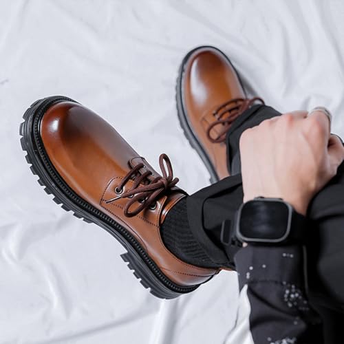 Mens Leather Black Platform Lace Up Lugs Sole Oxfords Shoes Modern Comfortable Classic Chunky Heel Increase Height Business
