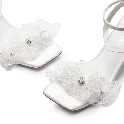 Women's Flower Wedding Heels Cute Square Toe Slingback Low Kitten Heels Sandals with Ankle Strap