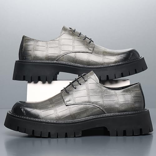 Men's Printed Leather Platform Oxford Dress Shoes Classic Lace Up Anti-Slip Lug Sole Block Heel Formal Oxfords for Wedding