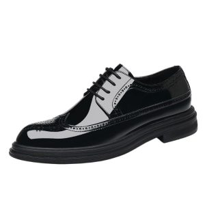 Brogue Oxford Shoes for Men Burnished Leather Lace Up Wedding Anti-Slip Rubber Sole Slip Resistant Block Heel Shoe Business Cap