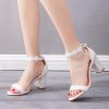 3 Inches Block Heel Sandals WomenThick Chunky Heels Peep Toe Wedding Sandals Full Pearls White Lace Sandals for Wedding Party