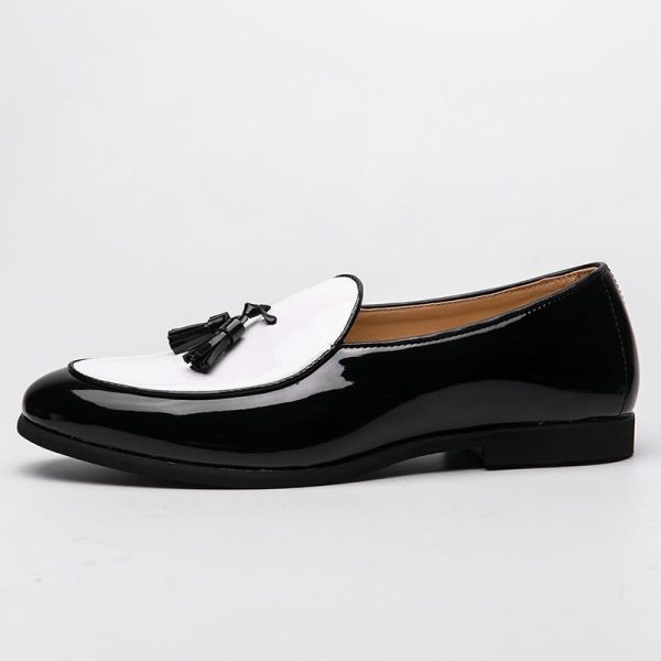 Men's Leather Loafers with Tassels, Two-Toned, Low Heel Slip On Shoes for Dance Party Wedding Prom