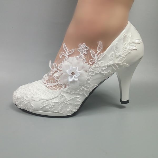 Wedding Shoes for Bride Women Pump Faux Leather High Heel Closed Toe Flower Rhinestone Lace Elegant Slip On Shoes