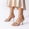 Women's Double Bowknots Heels Open Square Toe Ankle Strap Crystal Rhinestone Dress Sandals for Party Wedding
