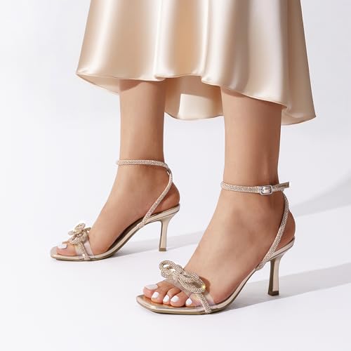 Women's Double Bowknots Heels Open Square Toe Ankle Strap Crystal Rhinestone Dress Sandals for Party Wedding