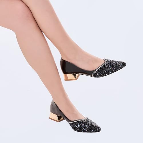 Women's Wedding Pumps Rhinestones Sequins Chunky Low Block Heels Pumps Dress Evening Shoes for Women Bridal