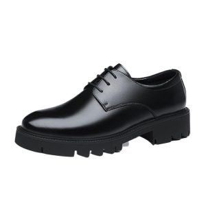 Men's Leather Platform Block Heel Oxfords Classic Round Toe Lace Up Lug Sole Soft Bottom Business Work Dress Shoes for Weddings