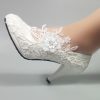 Wedding Shoes for Bride Women Pump Faux Leather High Heel Closed Toe Flower Rhinestone Lace Elegant Slip On Shoes