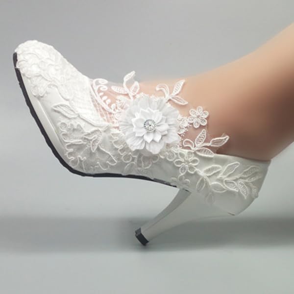 Wedding Shoes for Bride Women Pump Faux Leather High Heel Closed Toe Flower Rhinestone Lace Elegant Slip On Shoes