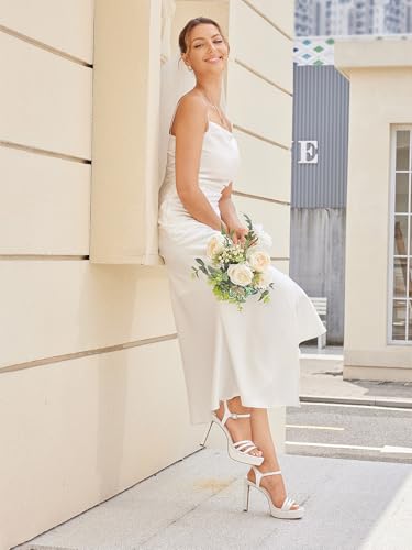 Women Strappy High Heels: 4.3 Inch Wedding Bride Shoes Prom Party Sexy Heel, Comfortable Platform Heeled Sandals, Satin Black