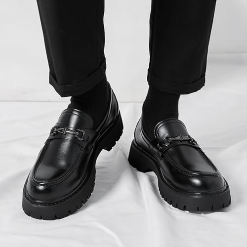 Mens Patent Leather Slip-On Platform Dress Horsebit Loafer Low Heels Round Toe Non-Slip Penny Shoes for Formal Business Wedding