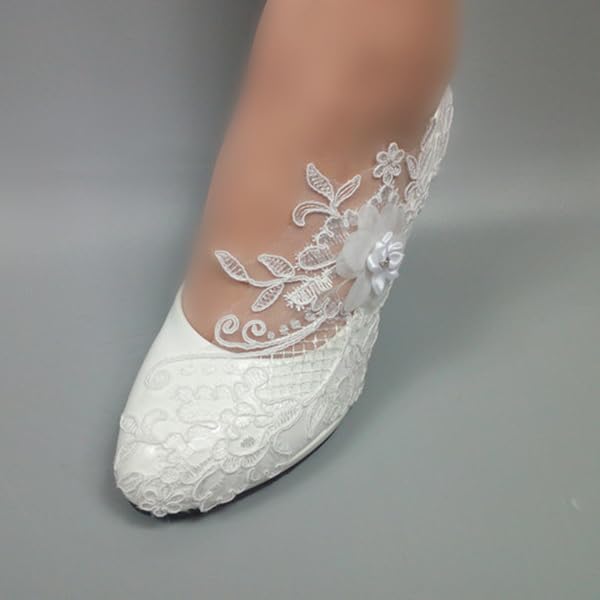 Wedding Shoes for Bride Women Pump Faux Leather High Heel Closed Toe Flower Rhinestone Lace Elegant Slip On Shoes
