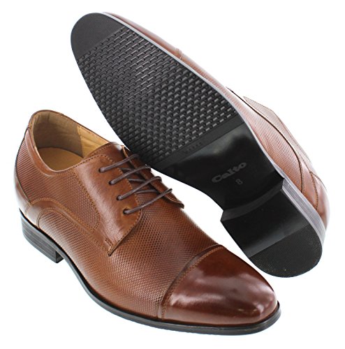 Men's Invisible Height Increasing Elevator Shoes - Brown Premium Leather Lace-up Formal Oxfords - 3 Inches Taller - Y40201 -