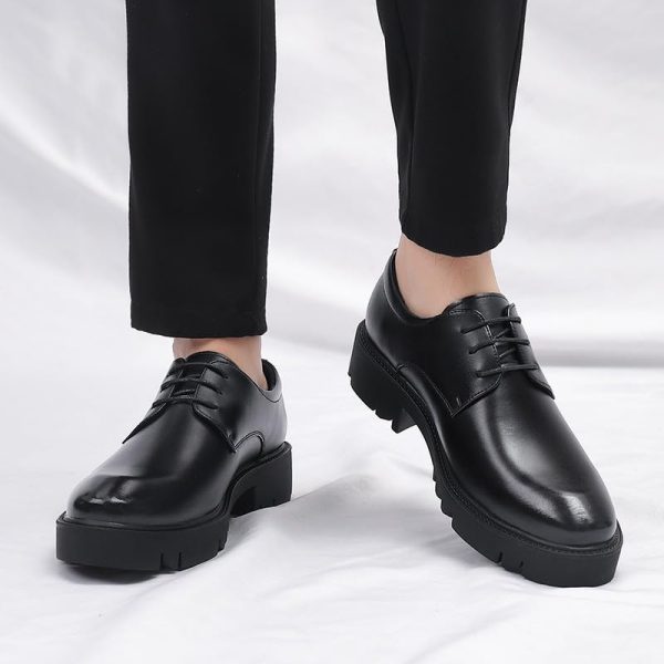 Men's Leather Platform Block Heel Oxfords Classic Round Toe Lace Up Lug Sole Soft Bottom Business Work Dress Shoes for Weddings