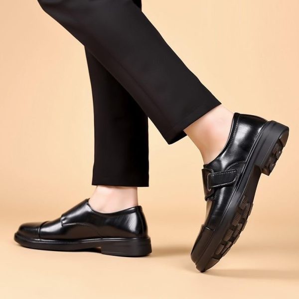 Mens Monk Dress Oxford Shoes Wedding Slip Resistant Block Heel Anti-Slip Rubber Sole Shoe Plain Toe Slip-on Waterproof Leather