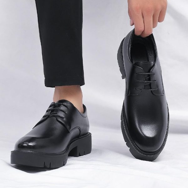 Men's Leather Platform Block Heel Oxfords Classic Round Toe Lace Up Lug Sole Soft Bottom Business Work Dress Shoes for Weddings