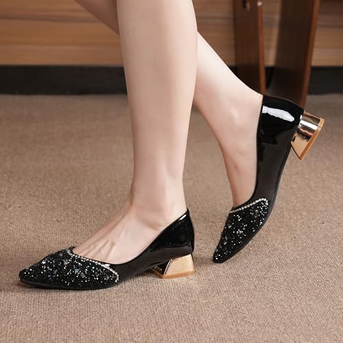 Women's Wedding Pumps Rhinestones Sequins Chunky Low Block Heels Pumps Dress Evening Shoes for Women Bridal