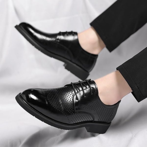 Mens Hollow Oxford Shoes Lace Up Party Pu Leather Cap Toe Design Non Slip Block Heel Shoe for Business Office Party Wedding