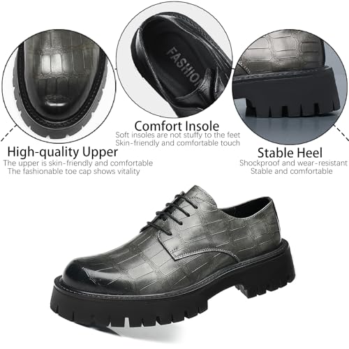 Men's Printed Leather Platform Oxford Dress Shoes Classic Lace Up Anti-Slip Lug Sole Block Heel Formal Oxfords for Wedding