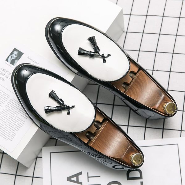 Men's Leather Loafers with Tassels, Two-Toned, Low Heel Slip On Shoes for Dance Party Wedding Prom