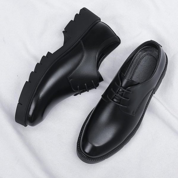 Men's Leather Platform Block Heel Oxfords Classic Round Toe Lace Up Lug Sole Soft Bottom Business Work Dress Shoes for Weddings