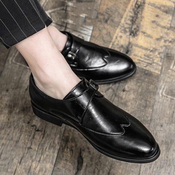Men Brogue Monk Oxford Dress Shoes Fashion Outdoor Working Slip-on Pointed Toe Waterproof Leather Prom Wedding Tuxedo Heel Non