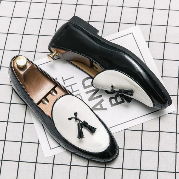 Men's Leather Loafers with Tassels, Two-Toned, Low Heel Slip On Shoes for Dance Party Wedding Prom