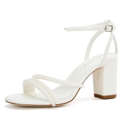Block Heel Wedding Shoes for Bride Pearl Heels Open Toe Bridal Shoes Chunky Heel Wedding Sandals