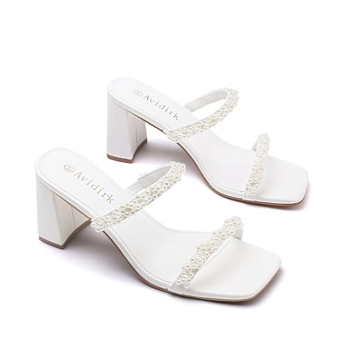 Women's Square Open Toe Heeled Sandals Two Strap Mules Slip On Block Chunky Mid Heels Sandals