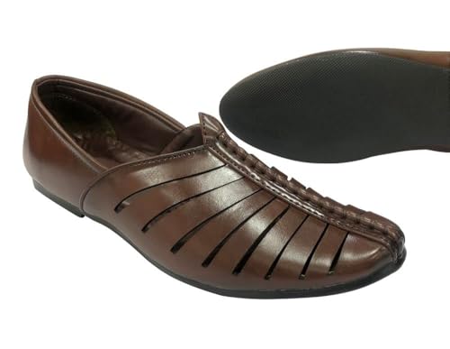 Punjabi Jutti for Mens Breathable Brown Fashion Loafers Sherwani Shoes Indian Flat Ethnic