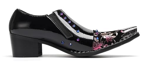 Men’s Patent Leather Floral‐Studded Dress Loafers – Pointed Toe Slip-On Cuban Heel Shoes for Wedding, Prom, Party, Stage &