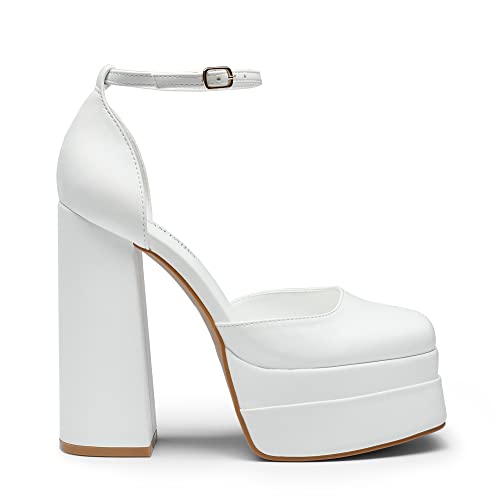 Women’s High Chunky Platform Closed Toe Block Heels Square Toe Ankle Strap Dress Wedding Party Pumps Shoes Aurelia