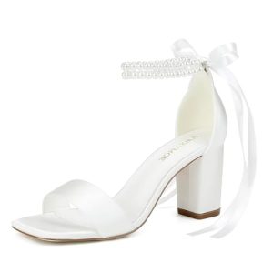 Block Heel Bridal Shoes Open Toe Wedding Shoes for Bride Pearl Heels Wedding Sandals