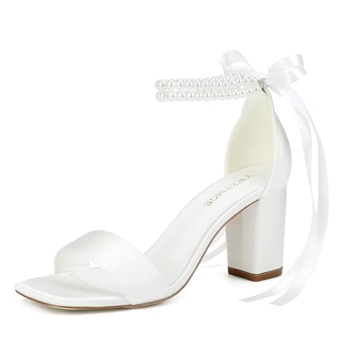 Block Heel Bridal Shoes Open Toe Wedding Shoes for Bride Pearl Heels Wedding Sandals