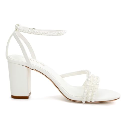 Block Heel Wedding Shoes for Bride Pearl Heels Open Toe Bridal Shoes Chunky Heel Wedding Sandals