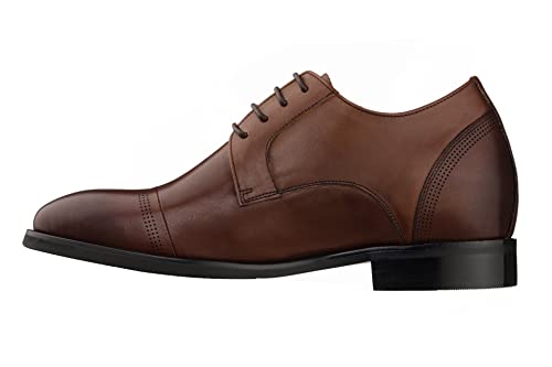 Men's Invisible Height Increasing Elevator Shoes - Dark Brown Premium Leather Lace-up Micro-Perforated Formal Derby Oxfords -
