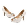 Peep Toe Mid Heels for Woman Rhinestones Satin Evening Prom Wedding Shoes