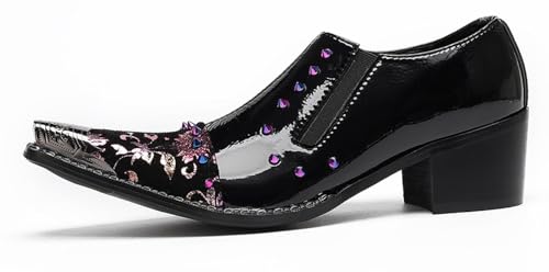 Men’s Patent Leather Floral‐Studded Dress Loafers – Pointed Toe Slip-On Cuban Heel Shoes for Wedding, Prom, Party, Stage &