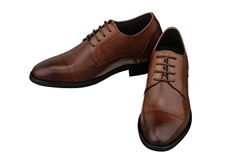 Men's Invisible Height Increasing Elevator Shoes - Dark Brown Premium Leather Lace-up Micro-Perforated Formal Derby Oxfords -