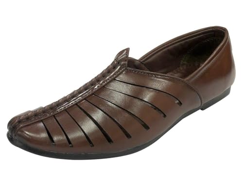 Punjabi Jutti for Mens Breathable Brown Fashion Loafers Sherwani Shoes Indian Flat Ethnic