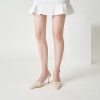 Embroidered Mesh Slingback Heels for Women White Pearl Kitten Heel Pumps Pointed Toe Backless Wedding Shoes