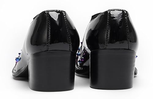Men’s Patent Leather Floral‐Studded Dress Loafers – Pointed Toe Slip-On Cuban Heel Shoes for Wedding, Prom, Party, Stage &