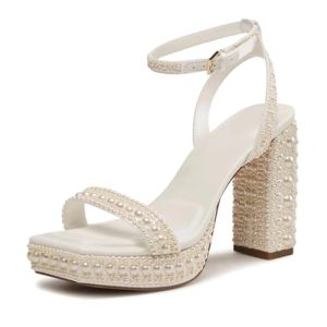 Womens Open Toe Pearl Platform Heels For Women Chunky Buckle Ankle Strap Wedding Heeled Sandals Dress Evening Bride Bridal Shoes